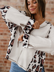 Apricot Oversized Leopard Contrast Mixed Texture Patchwork Zip Up Hoodie mit Cut-Shoulder – Damesmode Afbeelding 5 - Miniatuur