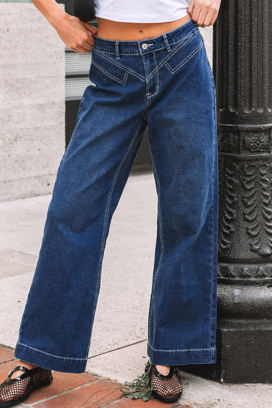Voile bleu Couture Détail de taille Pantalon large à poignets