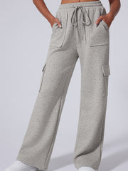 Light Grey Multi Pockets Lace-up High Waist Wide Leg Workout Pants - Miniatuur