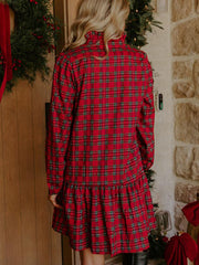 Red Plaid Long Sleeve Mini Shift Silhouette Decoration Dress - Miniatuur