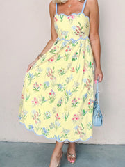 Pink Floral Print Contrast Trim Self-tie Straps High Waist Midi Dress - Miniatuur