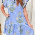 Weißes Wild-Blumenmuster-Minikleid mit Wellenbestickung und V-Ausschnitt mit tiefer Taille - Foto 4