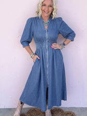 Blu con scollo a V e vita con cerniera metallica e denim Midi - Damesmode Afbeelding 6 - Miniatuur