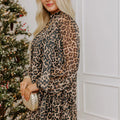 Brown Leopard Print Long Sleeve Short Shift Dress - Damesmode Afbeelding 3 - Foto 3