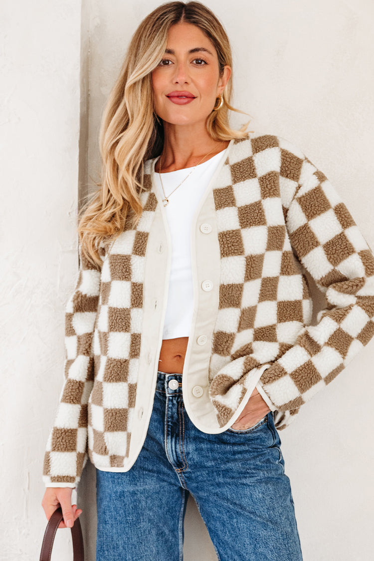 Brown Checkered Sherpa Buttoned Front Chunky Jacket - Damesmode Afbeelding 1 - Damesmode