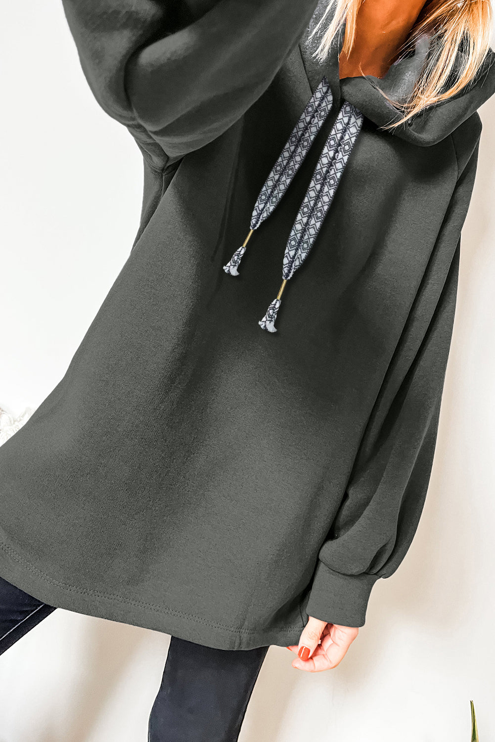 Schmutzig blauer Fleece-Hoodie, verstellbarer Kordelzug-Hoodie mit Übergroßem Tunika-Hoodie