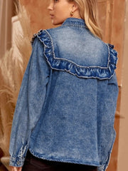 Dusk Blue Vintage Wash Denim Rüschen-Detail Hemd mit Knöpfen - Miniatuur