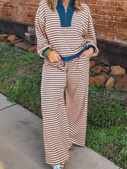 Pink Stripe Striped Colorblock V Neck Long Sleeve Plus Size Set - Miniatuur