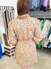 Orangefarbener Floral-Print Farbblock-Kanten-Hemd mit 3/4-Ärmeln, Mini-Gürtel-Kleid - Miniatuur
