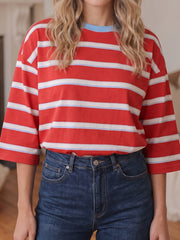 Racing Red Striped Bow Tie Hollowed Back 7/8 Sleeve Casual T-Shirt - Miniatuur