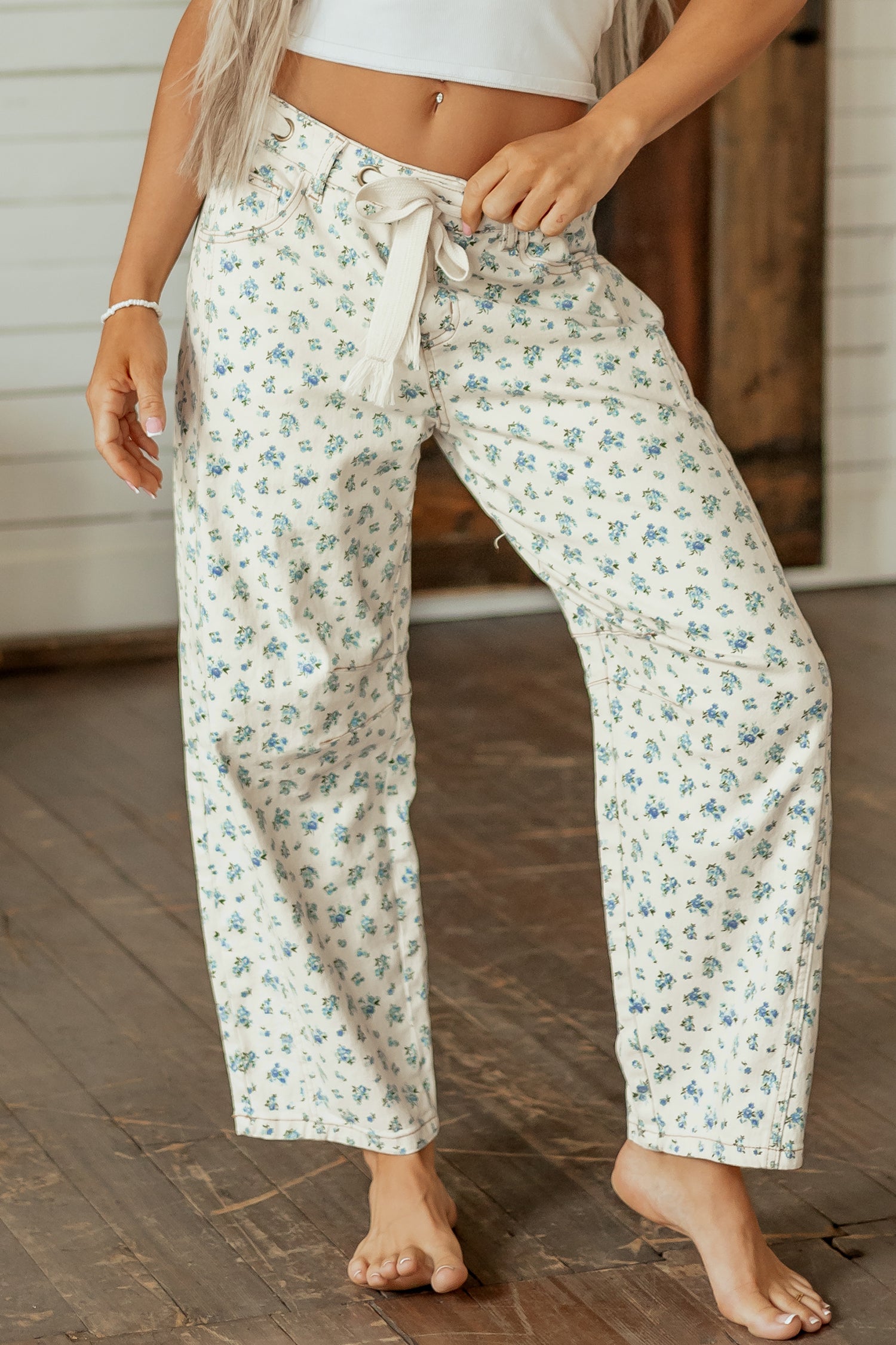 Beige Grommet Knot Waist Floral Barrel Leg Jeans - Damesmode Afbeelding 5