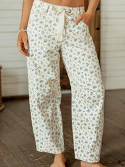 Beige Grommet Knot Waist Floral Barrel Leg Jeans - Damesmode Afbeelding 1 - Miniatuur