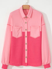 Peach Blossom Two Tone Contrast Waffle Knit Buttoned Loose Shacket - Miniatuur