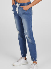 Dark Blue Elastic Waist Straight Leg Destroyed Raw Hem Jeans - Miniatuur