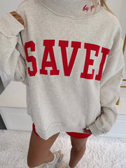 Gray Saved By Grace Sticked Detail Letter Graphic High Neck Sweatshirt mit hohem Ausschnitt - Miniatuur