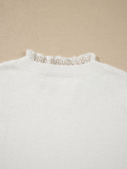 White Lace Trim Neck Cuff Patchwork Long Sleeve Pullover Sweater - Miniatuur