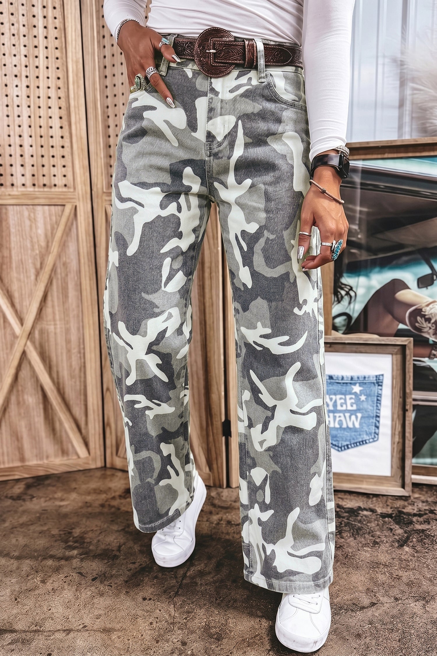 Grøn camouflagemønster bomulds denim skiftjeans