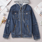 Giacca di jeans finta blu scuro con cappuccio con cappuccio e zip - Thumbnail