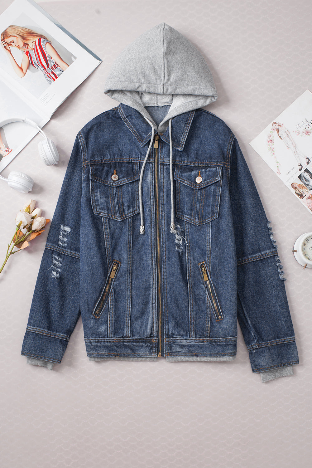 Veste en jean en denim bleu foncé à capuche à capuche zippée