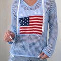 Beau Blue Hollow Out Crochet Knit American Flag Patched Sweater Hoodie - Damesmode Afbeelding 1 - Foto 1