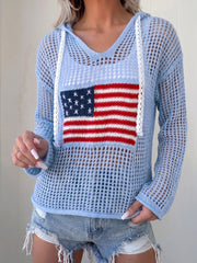 Beau Blue Hollow Out Crochet Cooked American Flag Badge Felpa - Damesmode Afbeelding 1 - Miniatuur