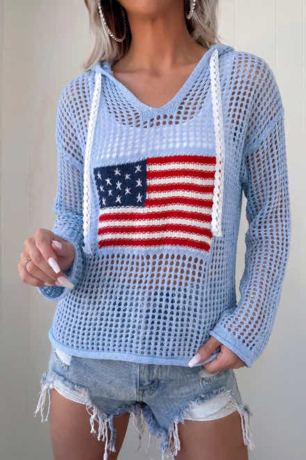 Beau Blue Hollow Out Crochet Knit American Flag Patched Sweater Hoodie - Damesmode Afbeelding 1