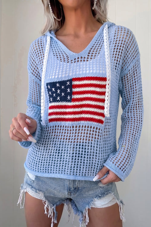 Beau Blue Hollow Out Crochet Knit American Flag Patched Sweater Hoodie - Damesmode Afbeelding 1