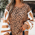 Khaki Stripe Color Block Patchwork Leopard Casual Sweatshirt with Slits - Foto 1