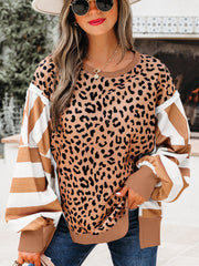 Khaki Stripe Color Block Patchwork Leopard Casual Sweatshirt with Slits - Miniatuur