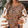 Khaki Stripe Color Block Patchwork Leopard Casual Sweatshirt with Slits