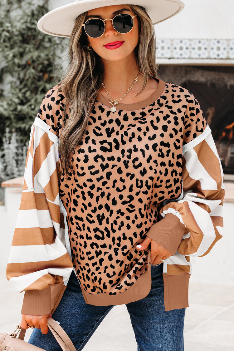 Khaki Stripe Color Block Patchwork Leopard Casual Sweatshirt with Slits - Damesmode