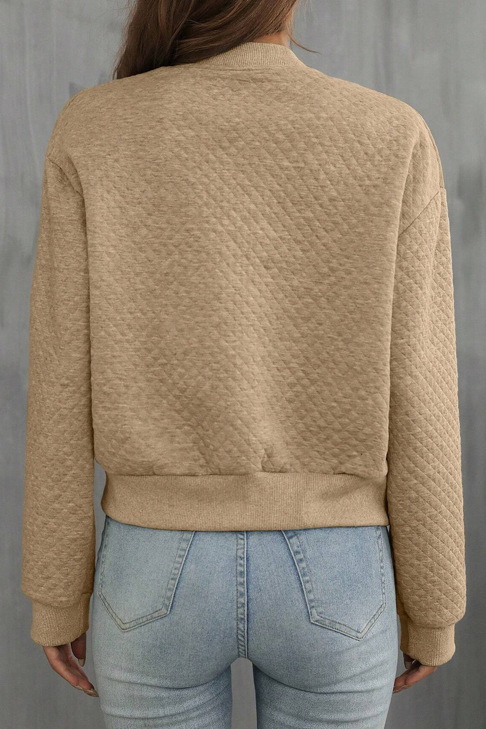 Pale Khaki, einfarbige, geometrische strukturierte Baseballkragenjacke