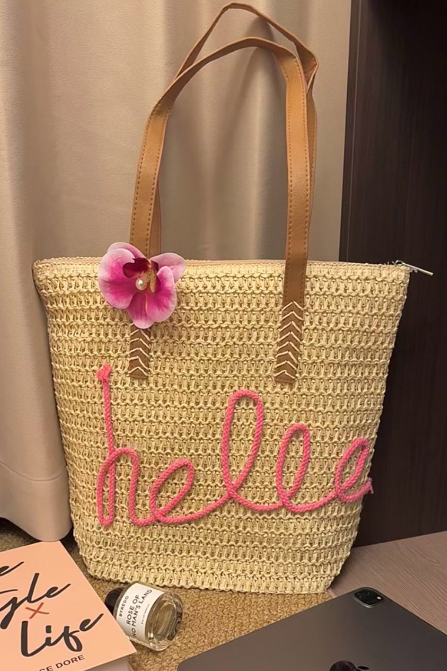 Khaki Hello Boho handgewebte Blumenakzent-Reise-Tasche
