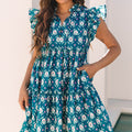 Blue Retro Floral Print Split Neck Ruffle Short Sleeve Dress - Damesmode Afbeelding 4 - Foto 4