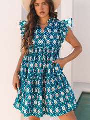 Blo Retro Blummenprint Split-Neck Rüschen Kuerzärmelkleed - Damesmode Afbeelding 4 - Miniatuur