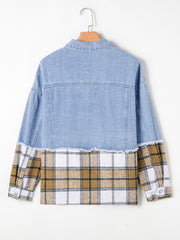 Khaki Plaid Patchwork Buttoned Oversized Denim Jacket - Miniatuur