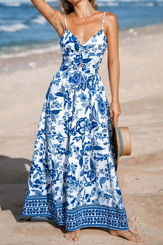 Himmelblaues, verdrehtes Brust-Spaghetti-Träger Rückenloses Blumen-Maxikleid