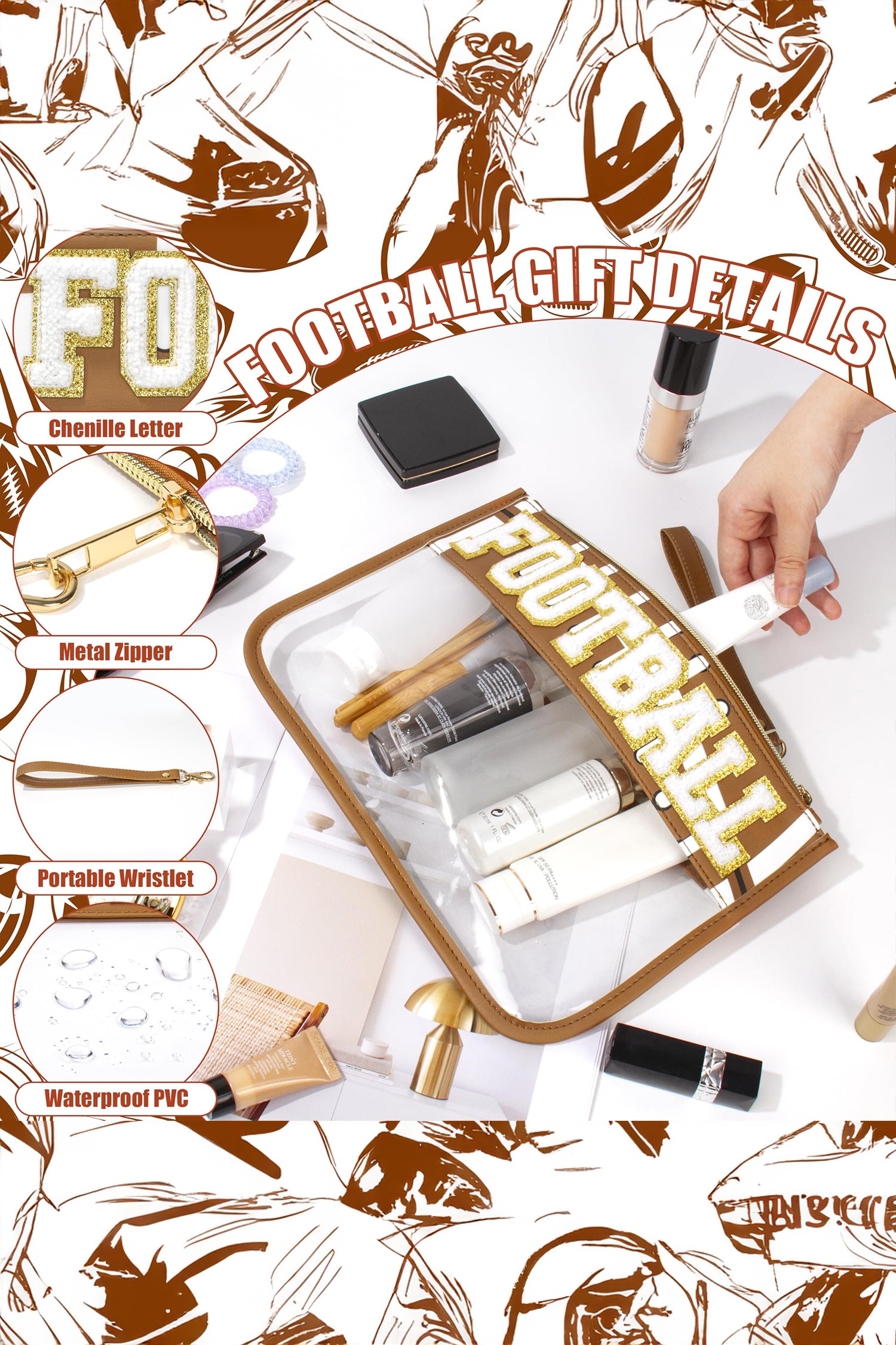 Brown BASEBALL  Chenille Letter Patch Game Day Stadium Clear PVC Cosmetic Bag - Damesmode Afbeelding 2