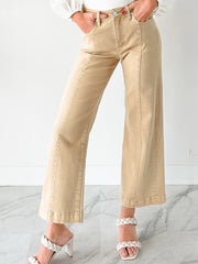 Red Sandalwood Solid Color Seamed Center Wide Leg Cropped Jeans - Miniatuur