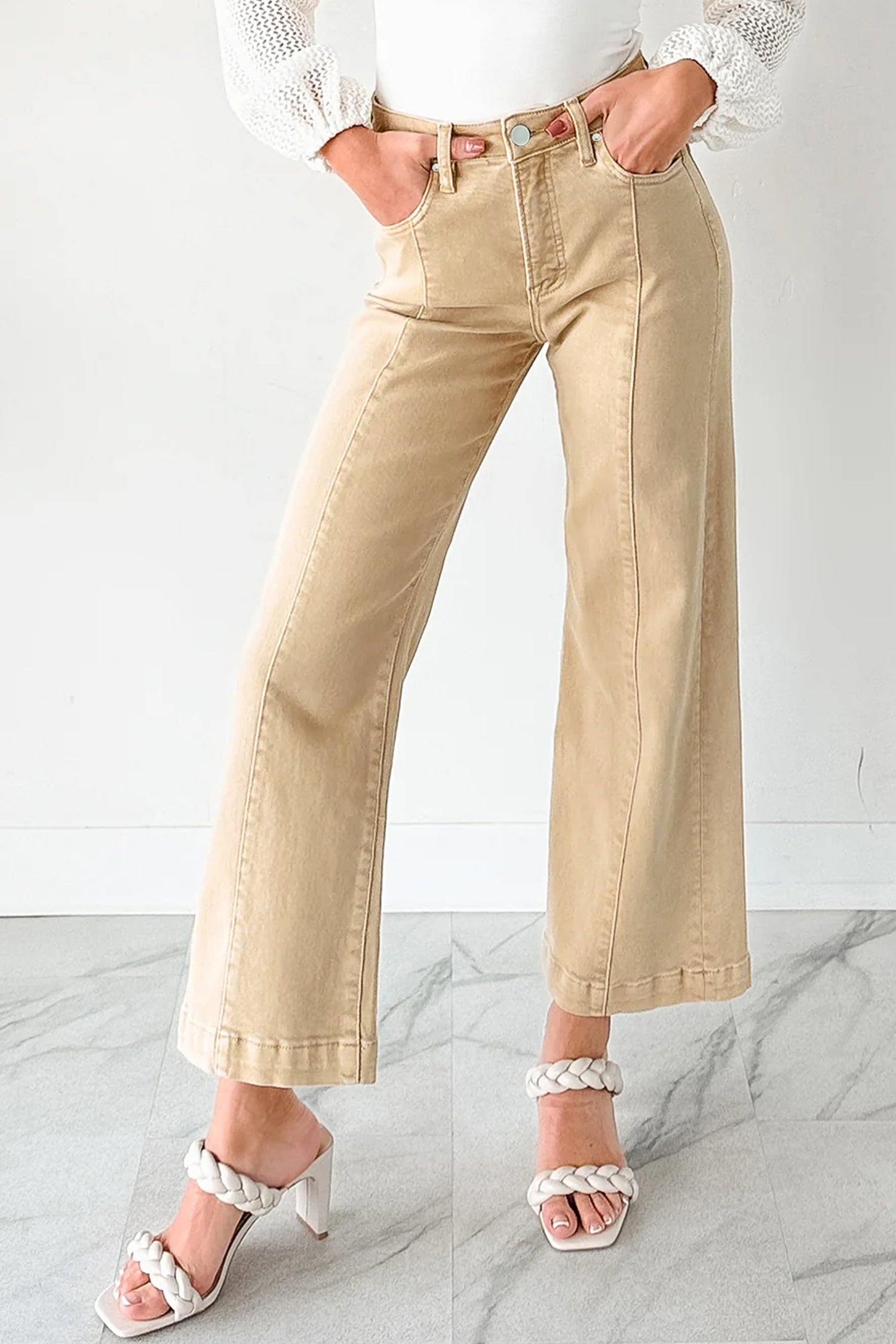 Red Sandalwood Solid Color Seamed Center Wide Leg Cropped Jeans