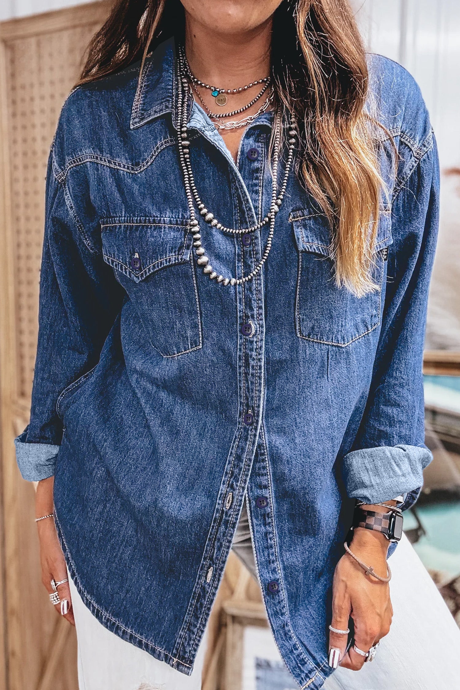 Chemise en jean à manches longues avec poches western, bleu bleu voile