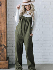 Jungle Green Button Adjustable Straps Solid Color Corduroy Jumpsuit - Miniatuur