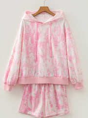 Pink Abstract Print Loose Hoodie Slim Shorts 2pcs Set - Miniatuur