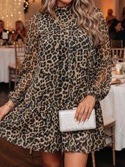 Brown Leopard Print Long Sleeve Short Shift Dress - Damesmode Afbeelding 8 - Miniatuur