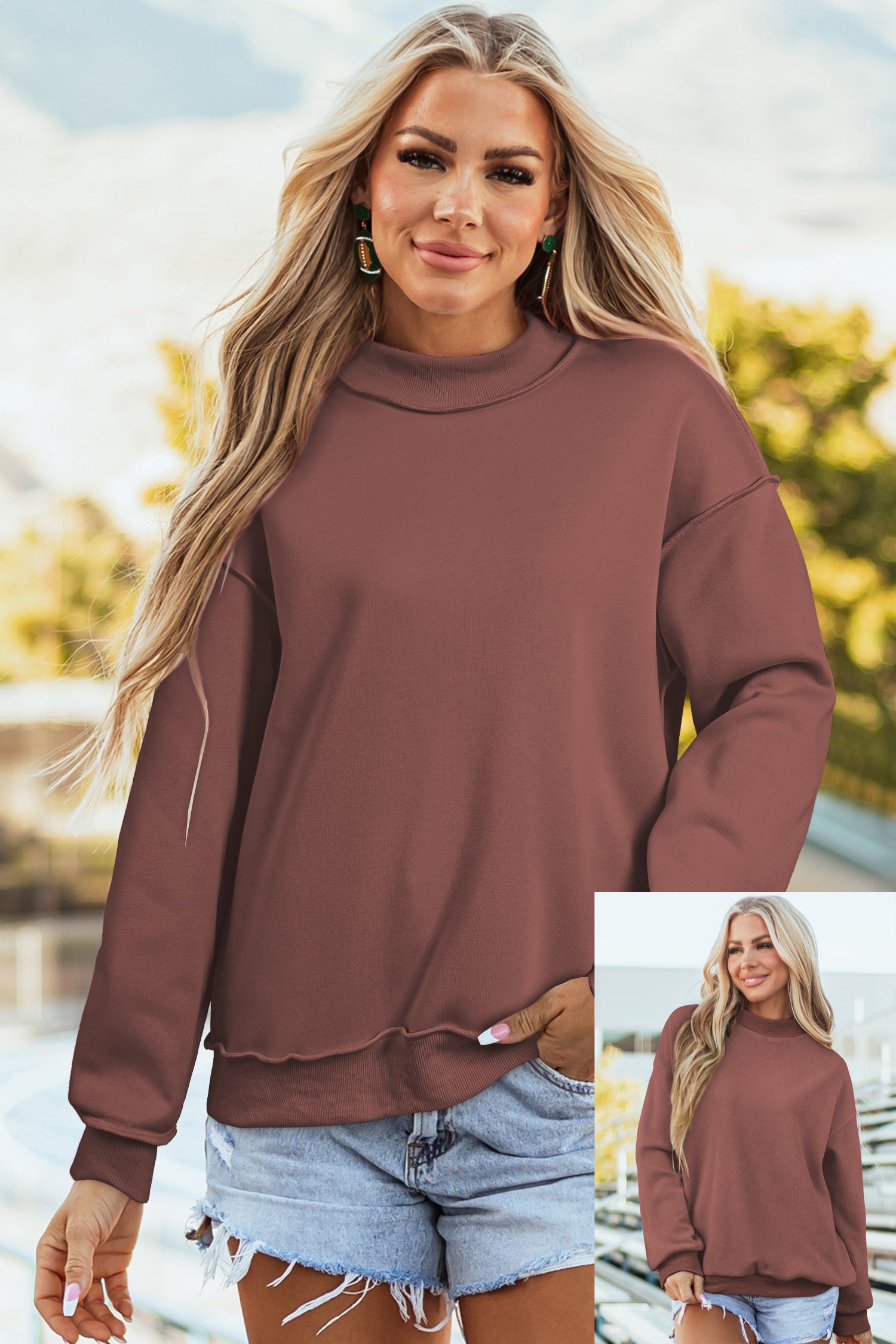 Sweat-shirt bleu foncé oversize, épaule tombante et réversible, col montant,