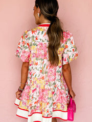 Pink Color Block Floral Print Contrast Trim V Neck Ruffle Hem Mini Dress - Miniatuur