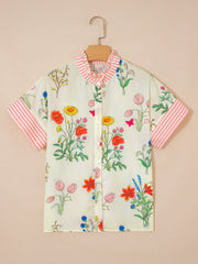 Camicia a maniche corte con colletto a righe floreali beige e volant - Damesmode Afbeelding 6 - Miniatuur