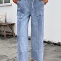 Beau Blue Drawstring Seam Detail Raw Hem Wide Leg Denim Pants - Damesmode Afbeelding 1 - Foto 1