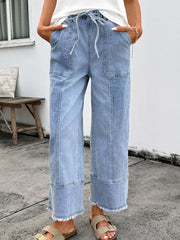 Beau Blue Drawstring Seam Detail Raw Hem Wide Leg Denim Pants - Damesmode Afbeelding 1 - Miniatuur
