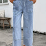 Beau Blauw met Trekkoord Seam Detail Raw Hem Wide Leg Spijkerstof Broek
